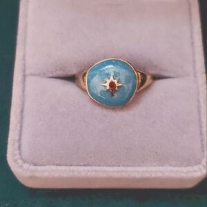 Vintage Gold Tone & Blue Emamel Turquoise Celstial Star Ring Size 7 Mid Mod